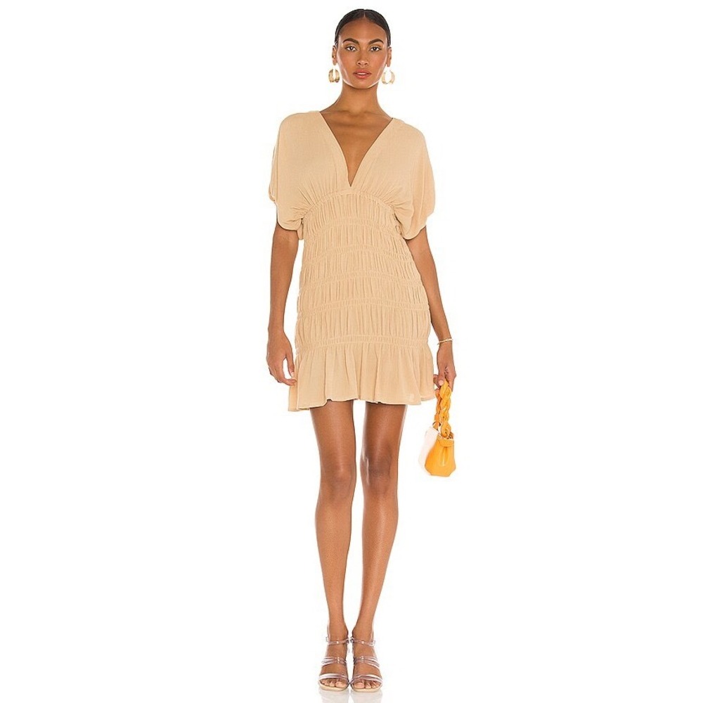 Lovers and Friends Innika Nude Smocked V-Neck Mini Dress Open Back Beige Small